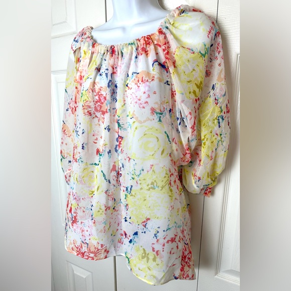 CAbi #826 Watercolor In Case Blouse Semi Sheer Shirt Floral Abstract Top Flowy - Picture 12 of 13